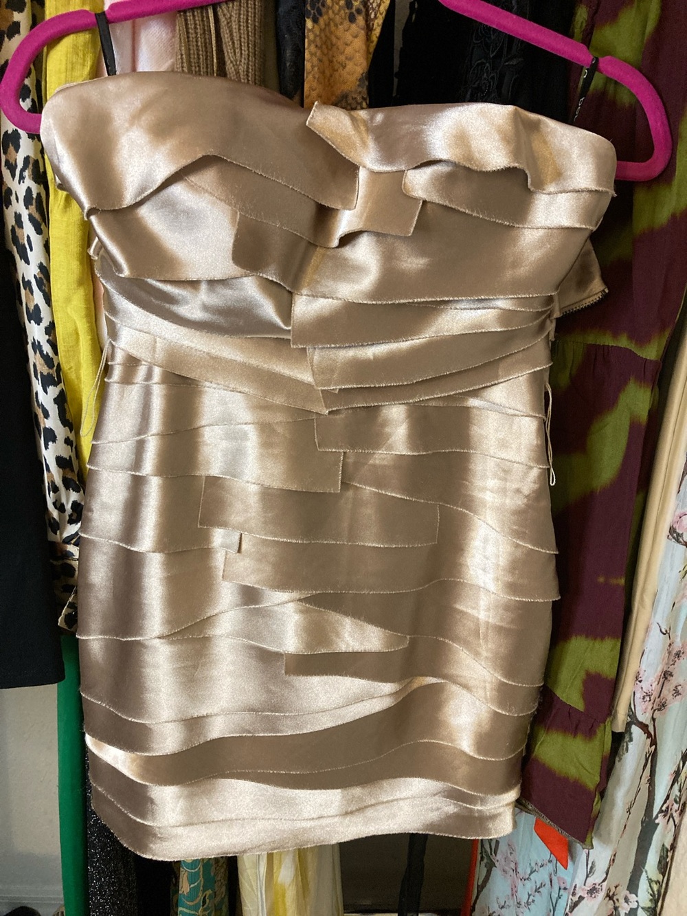 bebe Strapless Satin Bandage Mini Dress in Champagne Gold